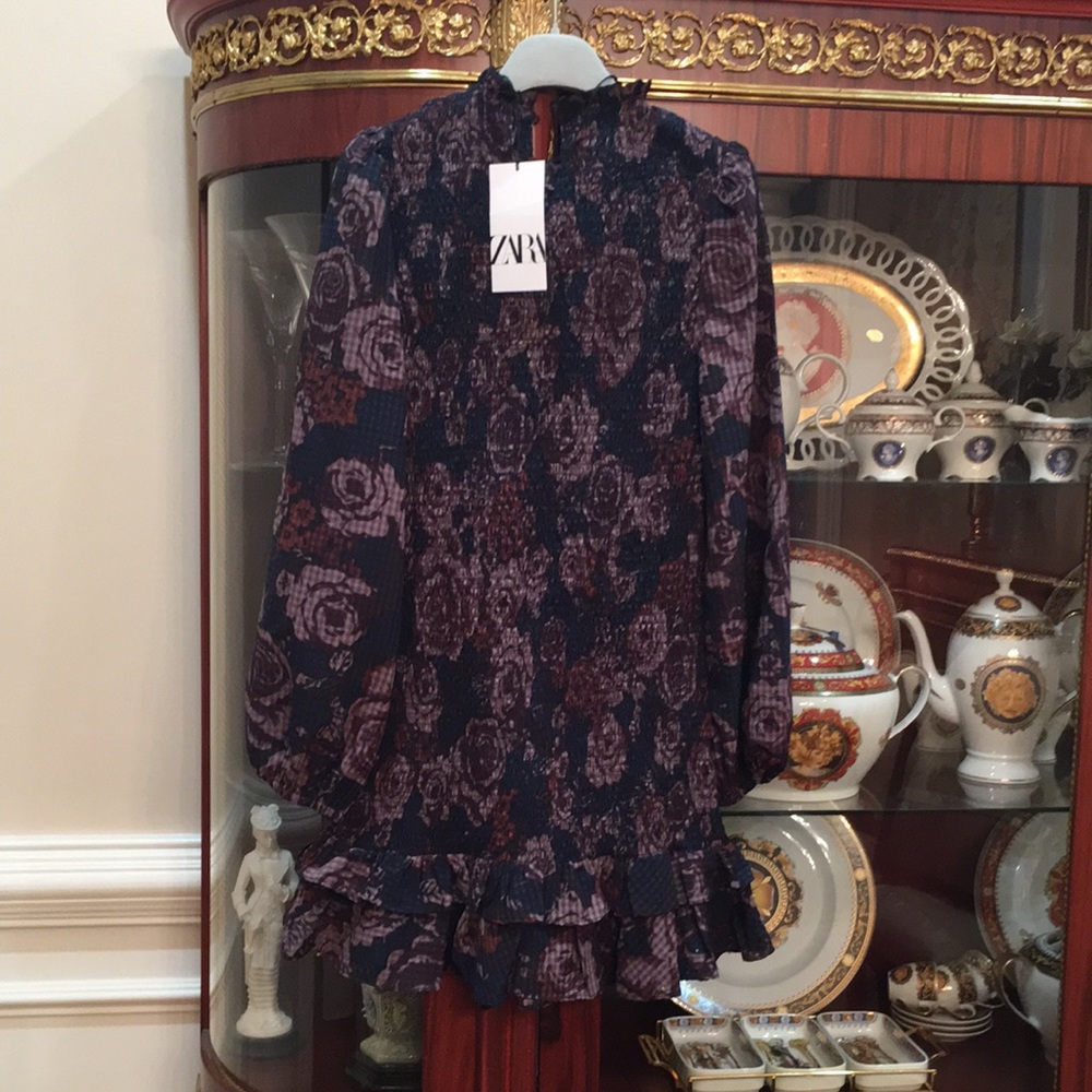 Zara puff sleeves Smocked Floral Print Ruffled Hem Mini Dress sz.XS - Picture 5 of 16
